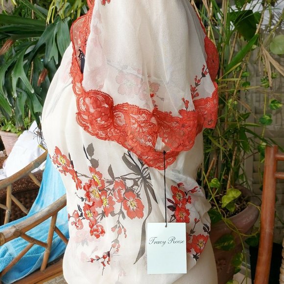 Vintage Tracy Reese 100% Silk Top Orange Flowers and Lace sz 8. New w/Tag - Picture 8 of 11